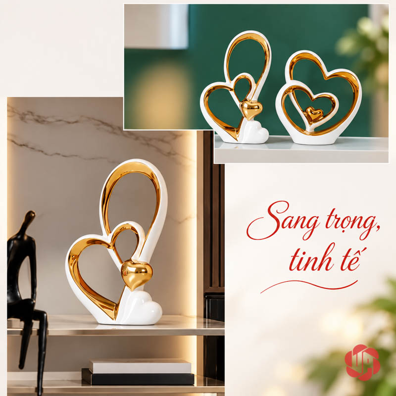 Tượng Decor Đôi Trái Tim Trắng Vàng UP062V Tượng decor trái tim dáng cao trong ảnh ghép phối cảnh