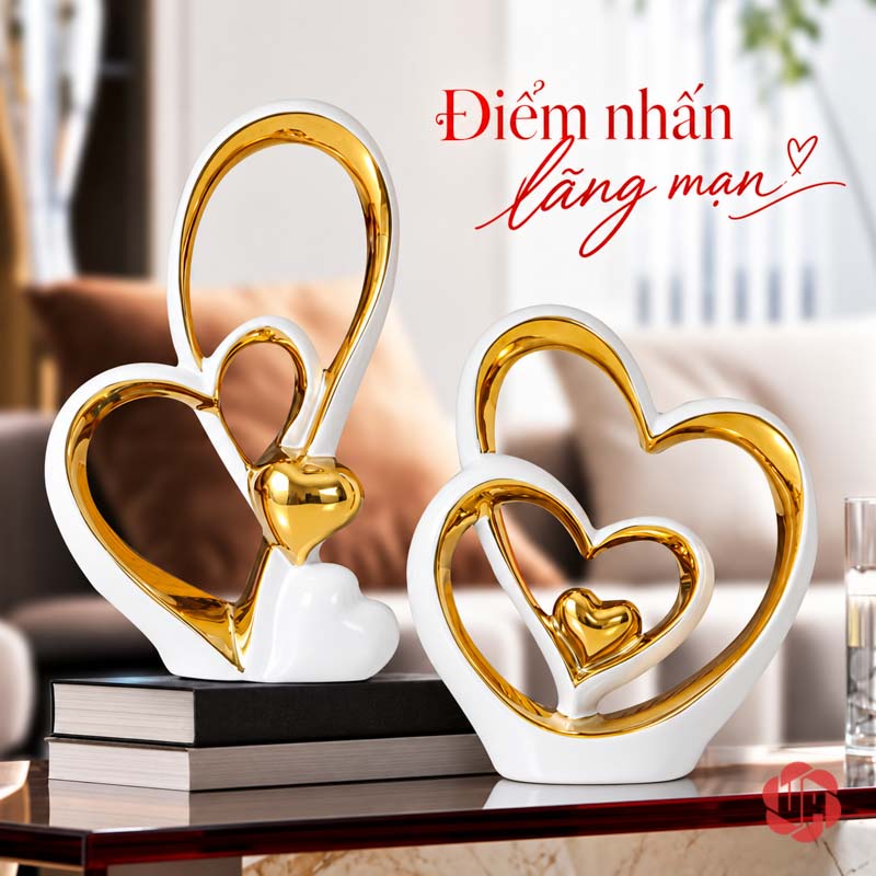 Tượng Decor Đôi Trái Tim Trắng Vàng UP062V Tượng decor trái tim phối dáng cao thấp cạnh sofa