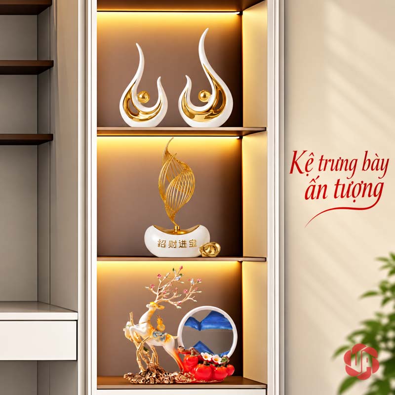 Tượng Decor Trang Trí Đôi Ngọn Lửa Trắng Vàng UP026-A Tượng decor trang trí đôi ngọn lửa ở ngăn kệ trên cùng