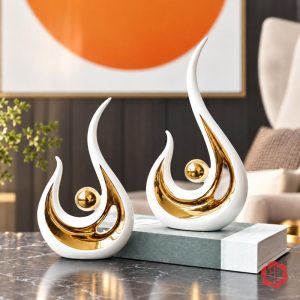 Tượng decor trang trí đôi ngọn lửa trắng vàng bày lệch cao