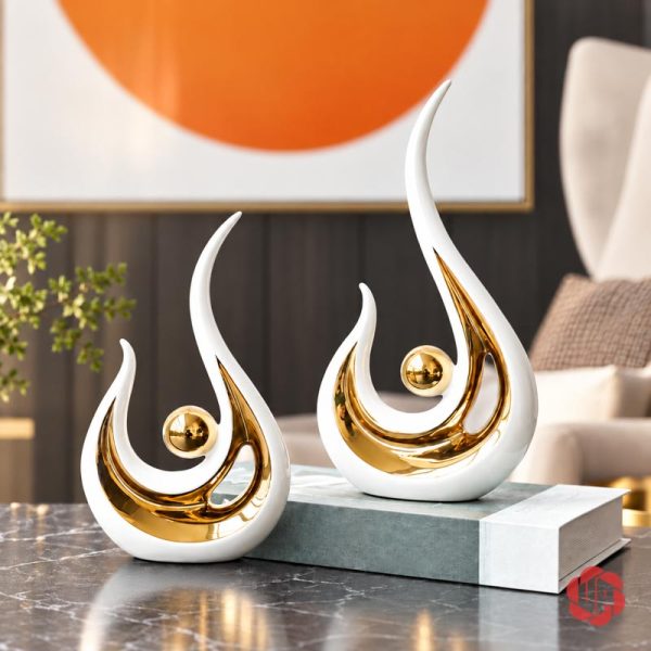 Tượng decor trang trí đôi ngọn lửa trắng vàng bày lệch cao