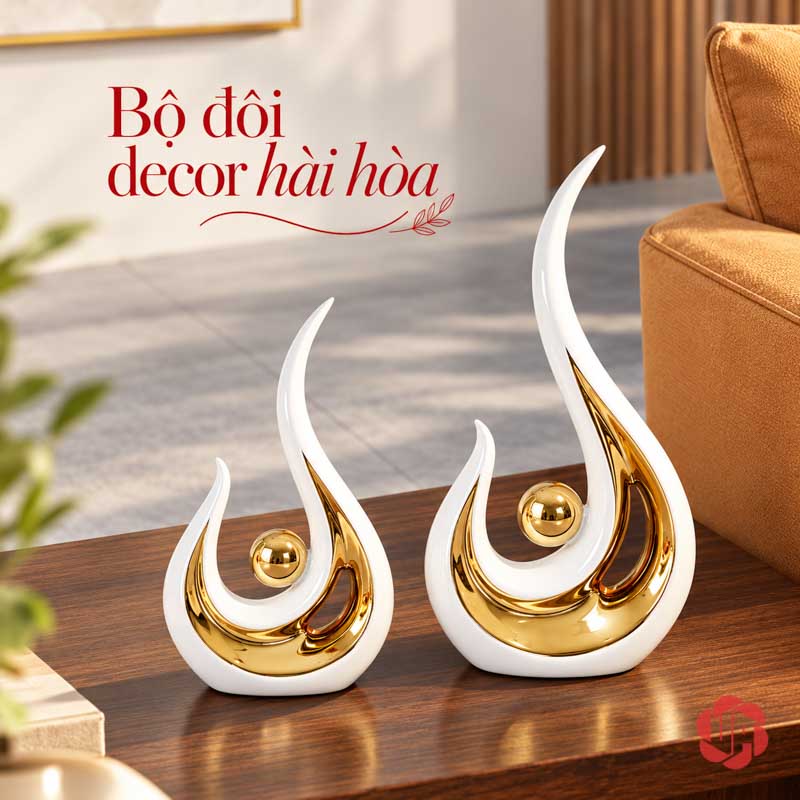 Tượng Decor Trang Trí Đôi Ngọn Lửa Trắng Vàng UP026-A Tượng decor trang trí đôi ngọn lửa trên mặt bàn gỗ