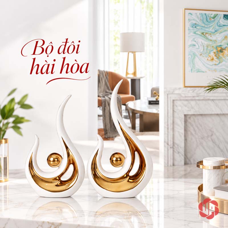 Tượng Decor Trang Trí Đôi Ngọn Lửa Trắng Vàng UP026-A Tượng decor trang trí đôi ngọn lửa trong phòng khách sáng