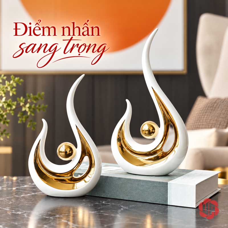 Tượng Decor Trang Trí Đôi Ngọn Lửa Trắng Vàng UP026-A Tượng decor trang trí ngọn lửa phối cùng sách trên bàn