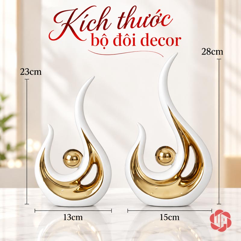 Tượng Decor Trang Trí Đôi Ngọn Lửa Trắng Vàng UP026-A Tượng decor trang trí ngọn lửa sơ đồ hai kích thước