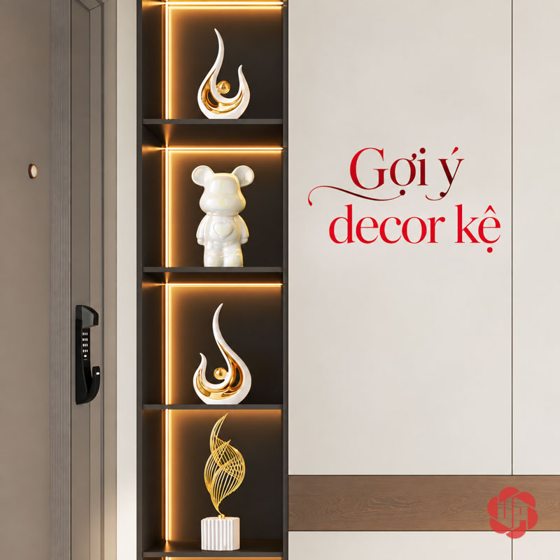 Tượng Decor Trang Trí Đôi Ngọn Lửa Trắng Vàng UP026-A Tượng decor trang trí ngọn lửa trắng vàng trong kệ có đèn