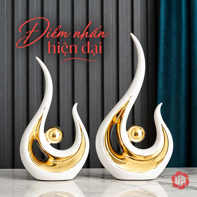 Tượng Decor Trang Trí Đôi Ngọn Lửa Trắng Vàng UP026-A Tượng decor trang trí ngọn lửa trắng vàng trước tường tối