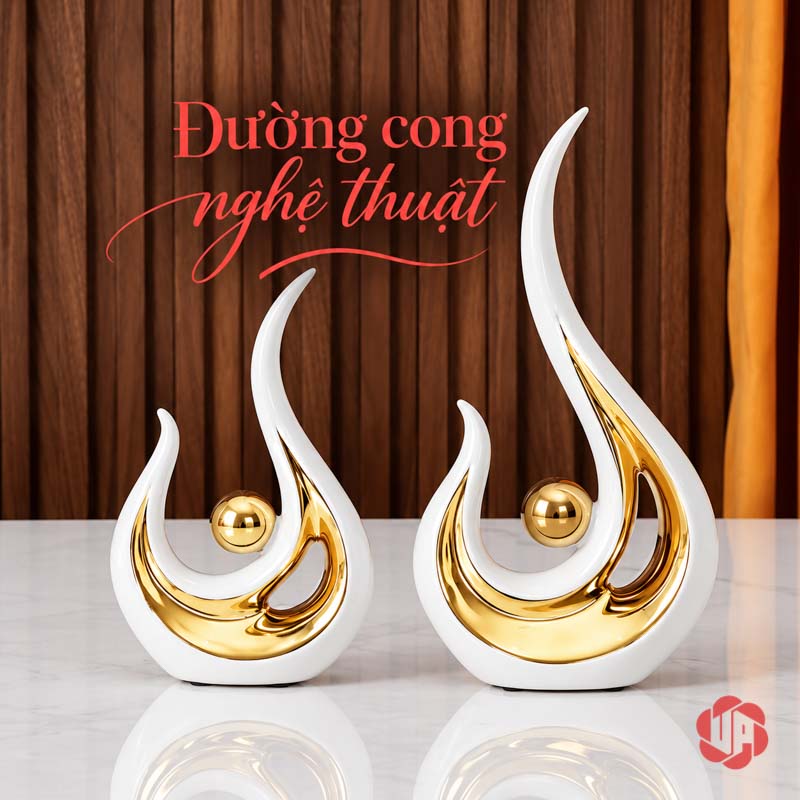 Tượng Decor Trang Trí Đôi Ngọn Lửa Trắng Vàng UP026-A Tượng decor trang trí ngọn lửa trên mặt bàn phản chiếu