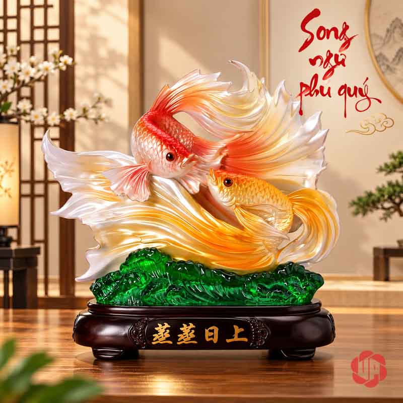 Tượng Trang Trí Phong Thủy Đôi Cá Koi May Mắn UPV081 Tượng đôi cá Koi trên tủ gỗ trong phòng sáng