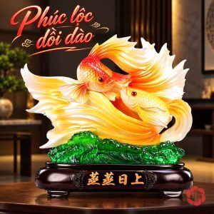 Tượng đôi cá Koi vàng đỏ trên sóng xanh nền phòng tối