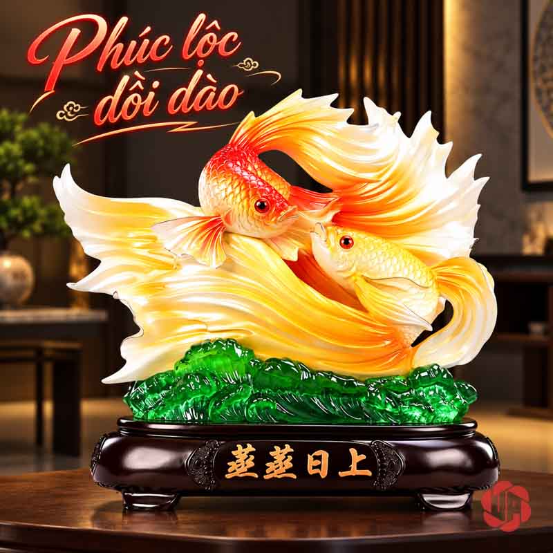 Tượng Trang Trí Phong Thủy Đôi Cá Koi May Mắn UPV081 Tượng đôi cá Koi vàng đỏ trên sóng xanh nền phòng tối
