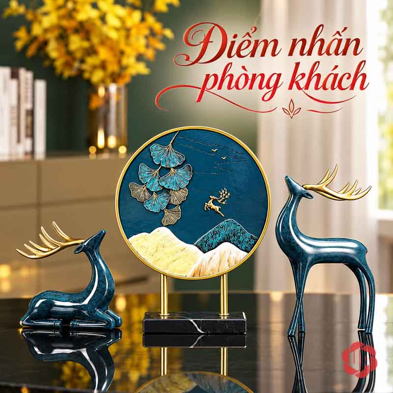 Tượng Đôi Hươu Decor Trang Trí Nhà Đẹp Xanh Gạc Vàng UPV070 Hai hươu xanh và tranh sơn thủy trong không gian phòng khách