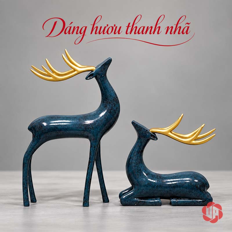 Tượng Đôi Hươu Decor Trang Trí Nhà Đẹp Xanh Gạc Vàng UPV070 Cặp hươu xanh với thân gọn và gạc vàng trên nền sáng