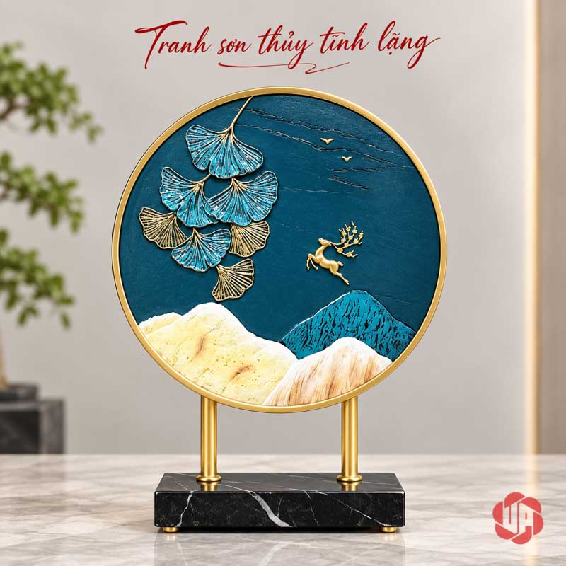 Tượng Đôi Hươu Decor Trang Trí Nhà Đẹp Xanh Gạc Vàng UPV070 Tranh tròn sơn thủy với lá hình quạt và hươu vàng trên bệ đen