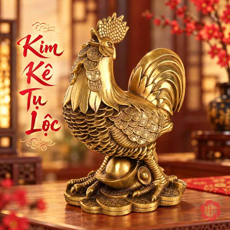 Tượng Con Gà Trống Tài Lộc Bằng Đồng UPD023 Tượng gà trống đế thỏi vàng nhìn chéo phía trước