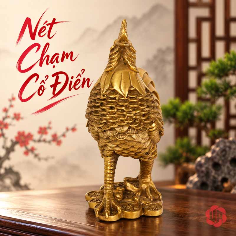Tượng Con Gà Trống Tài Lộc Bằng Đồng UPD023 Tượng gà trống đế tiền xu nhìn chéo phía trước