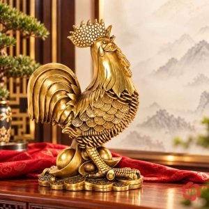 Tượng gà trống vàng đồng trên đế thỏi vàng và tiền xu