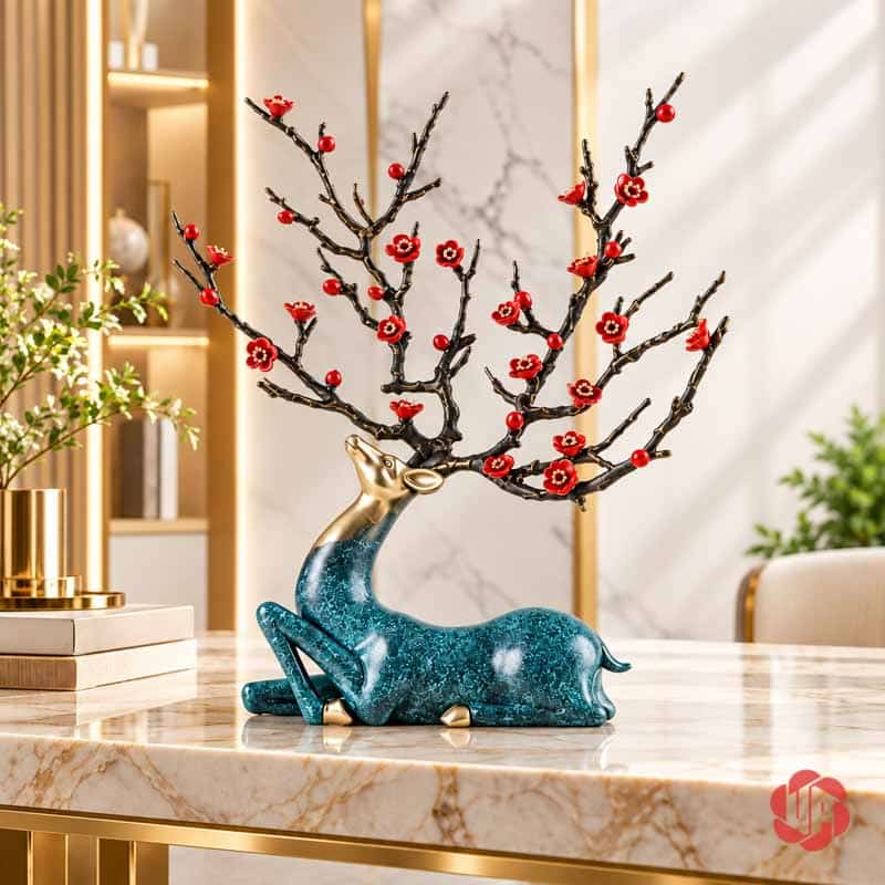 Tượng Hươu Bằng Đồng Tài Lộc, Dáng Nằm Hoa Đỏ UPD070 Tượng hươu đồng thân xanh nằm nghỉ, đầu vàng và sừng hoa đỏ trên bàn đá