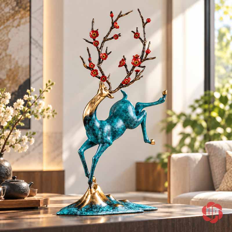 Tượng Hươu Nghệ Thuật Bằng Đồng, Dáng Vươn Hoa Đỏ UPD071 Tượng hươu nghệ thuật thân xanh dáng nhảy, sừng hoa đỏ trong phòng khách