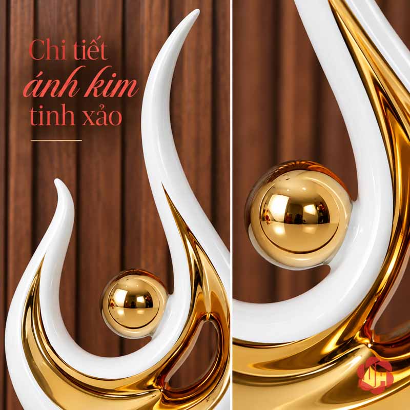 Tượng Decor Trang Trí Đôi Ngọn Lửa Trắng Vàng UP026-A Tượng ngọn lửa trang trí cận cảnh viên cầu vàng và đầu cong