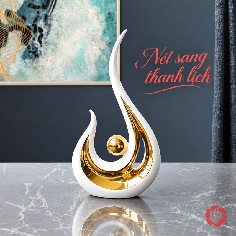 Tượng Decor Trang Trí Đôi Ngọn Lửa Trắng Vàng UP026-A Tượng ngọn lửa trang trí nhìn nghiêng cạnh tranh xanh