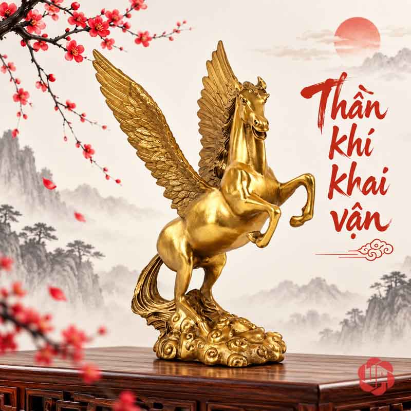 Ngựa Thần Pegasus Bằng Đồng Tượng Ngựa Có Cánh Để Bàn UPD035 Tượng ngựa có cánh trên tủ gỗ trong không gian Á Đông