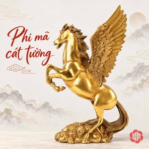 Tượng ngựa Pegasus vàng đồng nhìn nghiêng với cánh vươn cao
