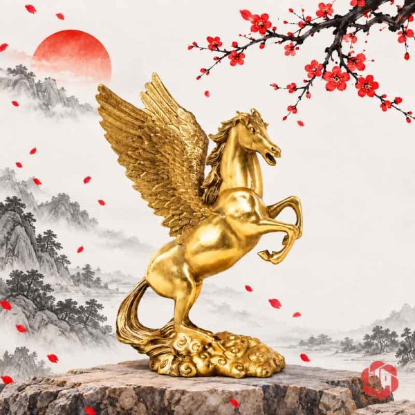 Tượng ngựa thần Pegasus vàng đồng trên bệ đá
