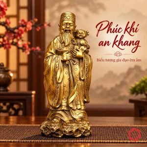 Tượng ông Phúc bằng đồng vàng, tay bế em bé và mặc áo dài