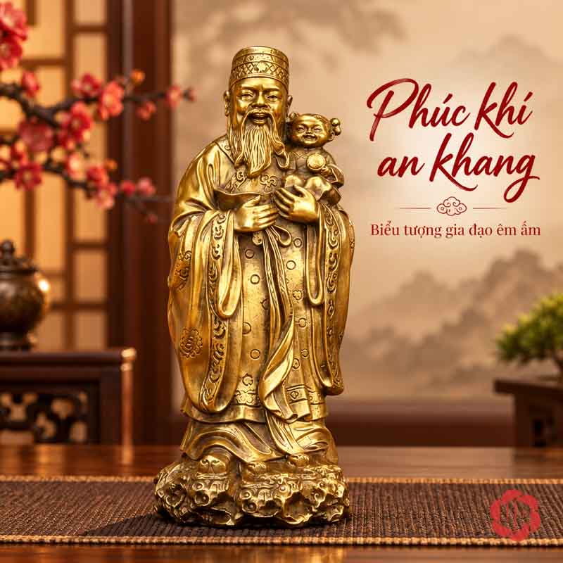 Bộ Tượng Phúc Lộc Thọ Tam Đa Bằng Đồng UPD008 Tượng ông Phúc bằng đồng vàng, tay bế em bé và mặc áo dài