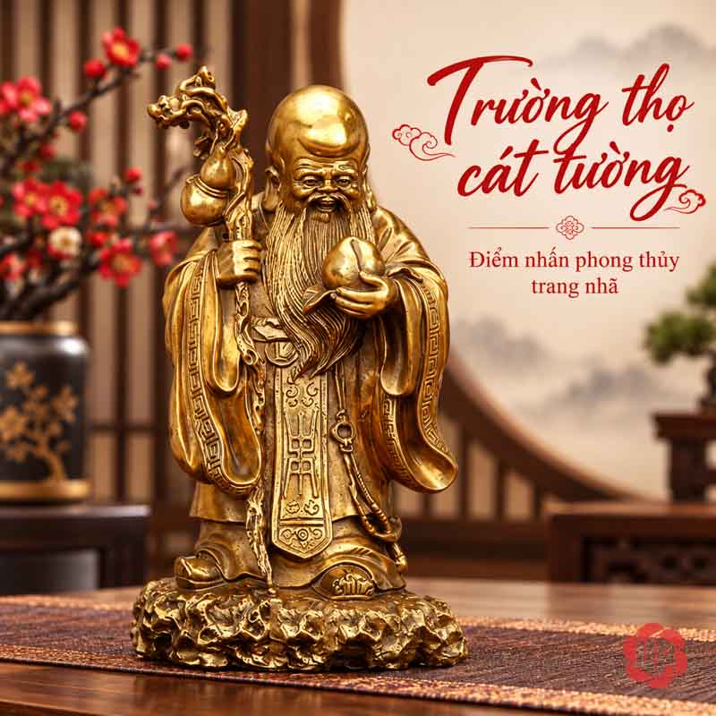 Bộ Tượng Phúc Lộc Thọ Tam Đa Bằng Đồng UPD008 Tượng ông Thọ bằng đồng cầm đào và gậy trong bộ Phúc Lộc Thọ