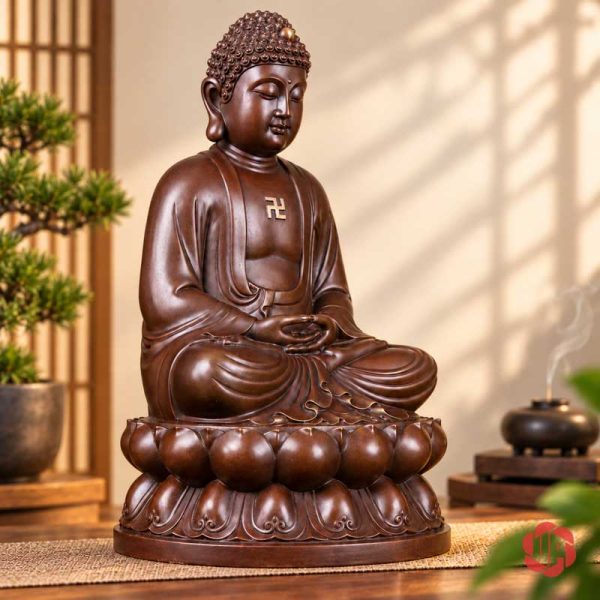 Tượng Phật Thích Ca bằng đồng màu nâu ngồi thiền trên đài sen