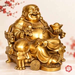 Tượng Phật Di Lặc màu vàng ngồi ghế, nâng thỏi vàng trên nền sáng
