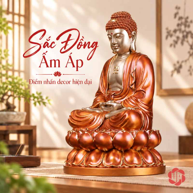 Tượng Phật Tổ Như Lai Ngồi Thiền Sắc Đồng UPD009 Tượng Phật Tổ Như Lai ngồi thiền nhìn chếch, áo màu đồng đỏ trên đài sen
