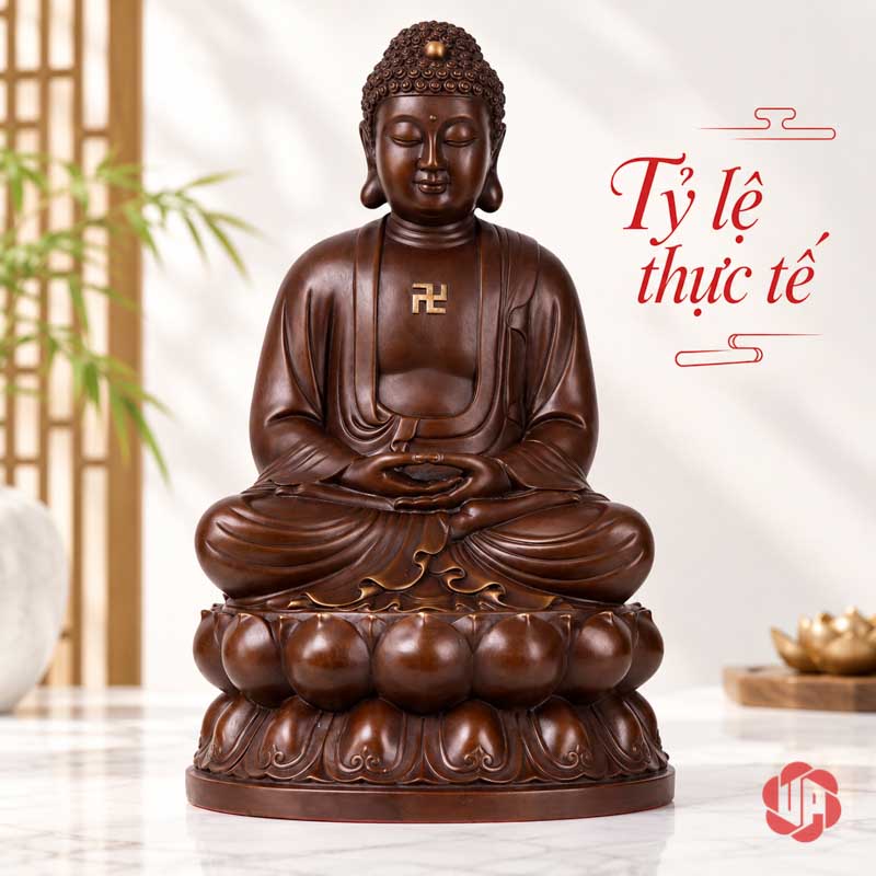 Tượng Phật Thích Ca Mâu Ni Ngồi Thiền Bằng Đồng UPD011 Tượng Phật bằng đồng ngồi trên đài sen nhìn trực diện với nền sáng