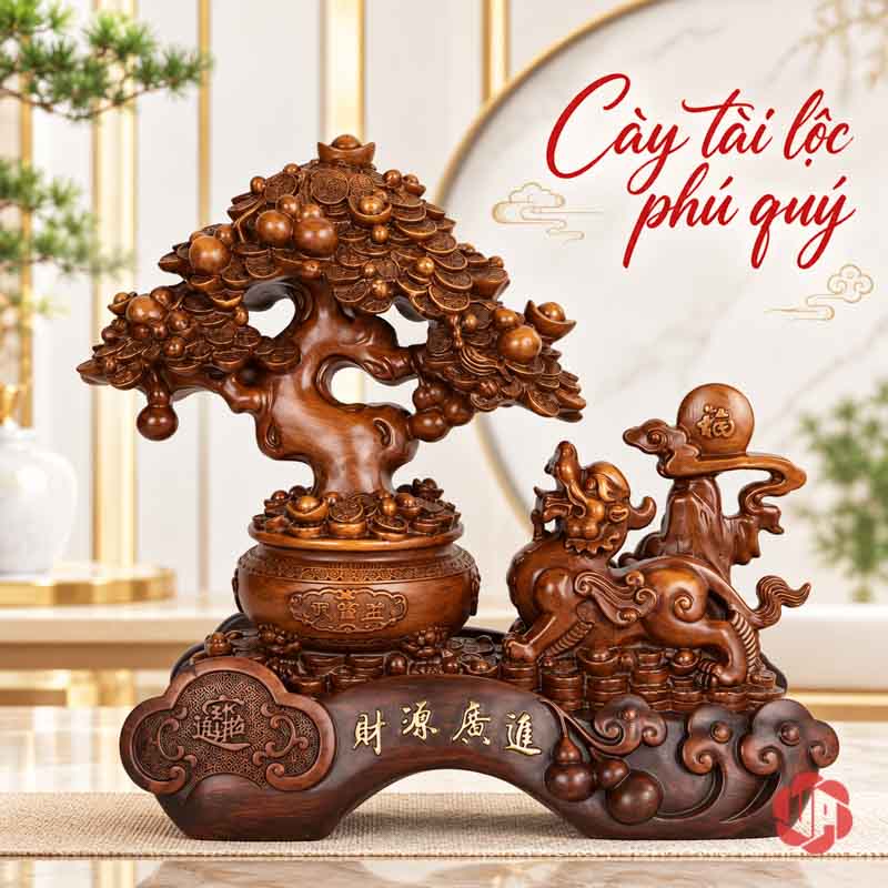 Tượng Phong Thủy Tỳ Hưu Chầu Kho Báu UP074V Tượng phong thủy cây tiền vàng nâu gỗ trong phòng khách sáng
