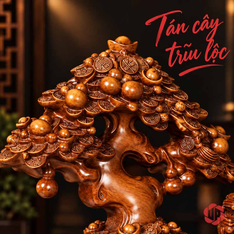 Tượng Phong Thủy Tỳ Hưu Chầu Kho Báu UP074V Tượng phong thủy cây tiền vàng với tán đồng tiền và thỏi vàng