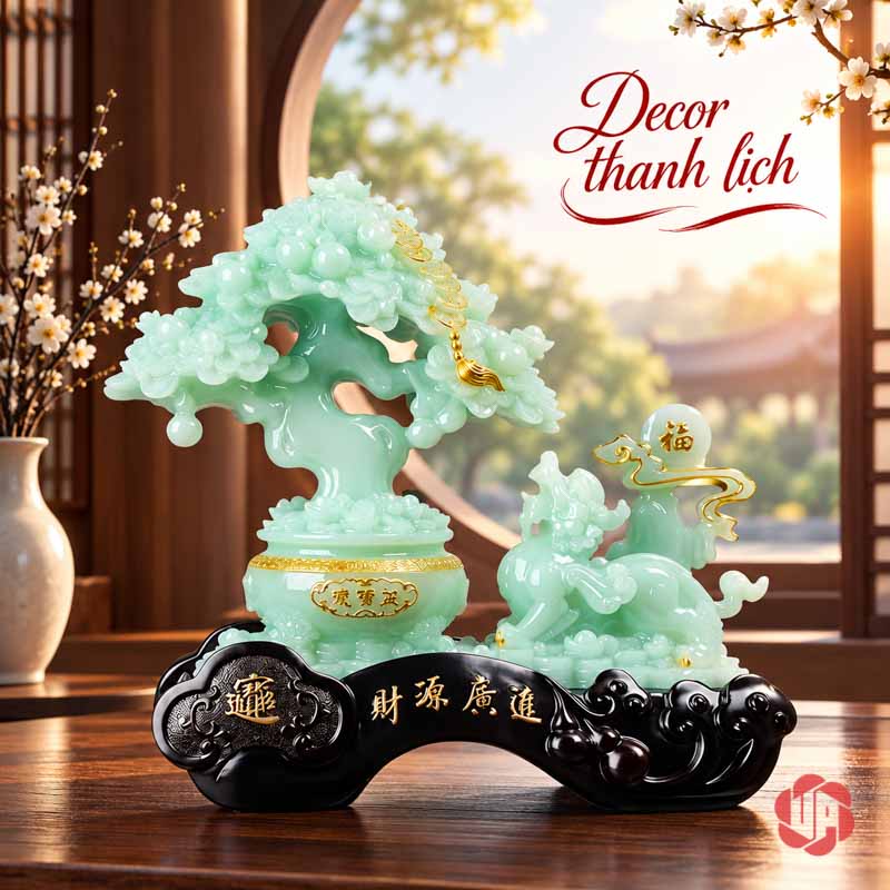 Tượng Phong Thủy Tỳ Hưu Chầu Kho Báu UP074V Tượng phong thủy cây tiền vàng xanh ngọc bên cửa sổ tròn