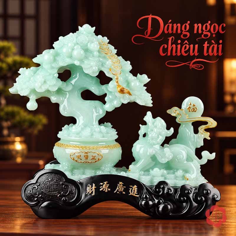 Tượng Phong Thủy Tỳ Hưu Chầu Kho Báu UP074V Tượng phong thủy cây tiền vàng xanh ngọc trên đế đen