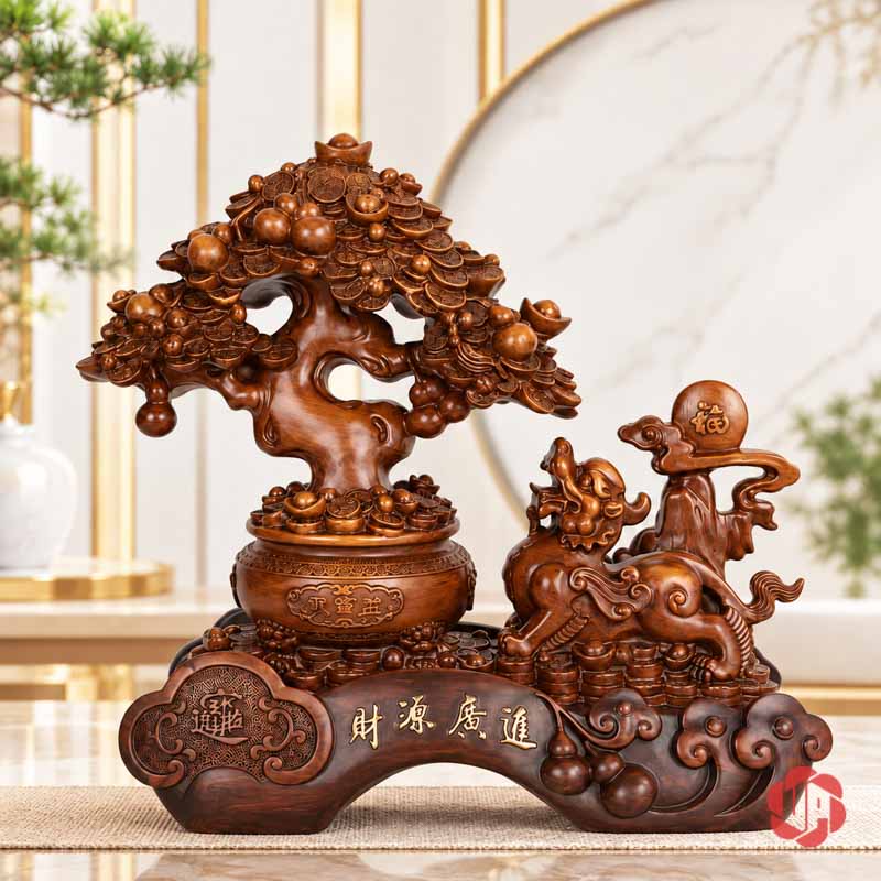 Tượng Phong Thủy Tỳ Hưu Chầu Kho Báu UP074V Tượng phong thủy tỳ hưu bên cây tiền vàng màu nâu gỗ trên bàn sáng