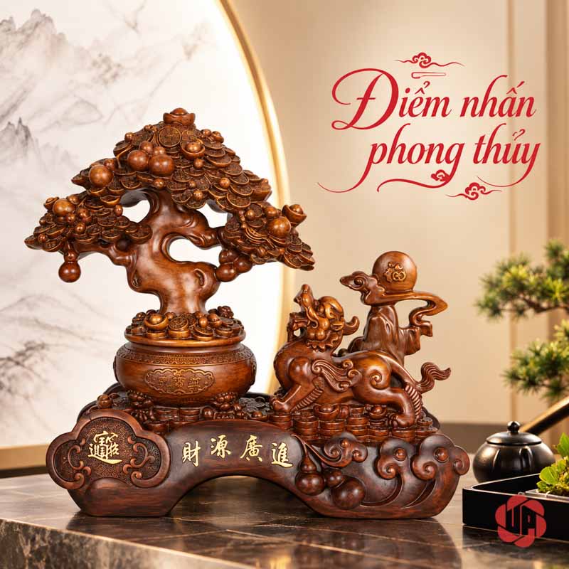 Tượng Phong Thủy Tỳ Hưu Chầu Kho Báu UP074V Tượng phong thủy tỳ hưu nâu gỗ cạnh bộ ấm trà đen