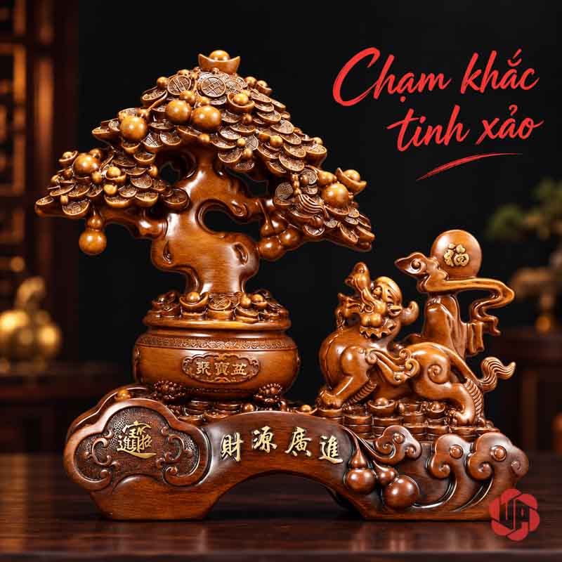 Tượng Phong Thủy Tỳ Hưu Chầu Kho Báu UP074V Tượng phong thủy tỳ hưu nâu gỗ nhìn chính diện dưới ánh sáng ấm