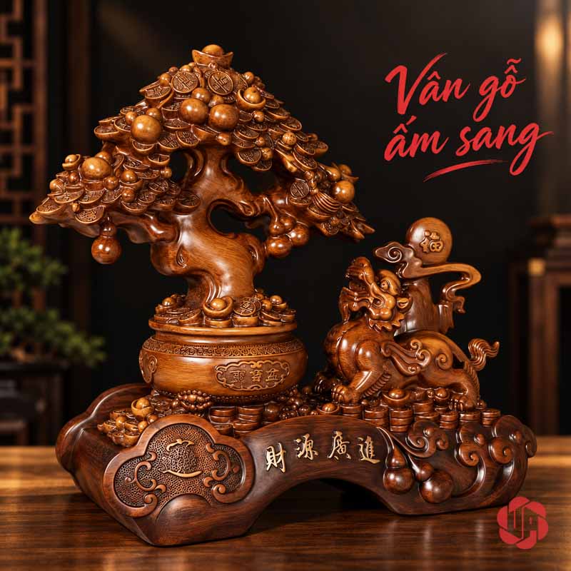 Tượng Phong Thủy Tỳ Hưu Chầu Kho Báu UP074V Tượng phong thủy tỳ hưu và cây tiền vàng nâu gỗ trên nền tối