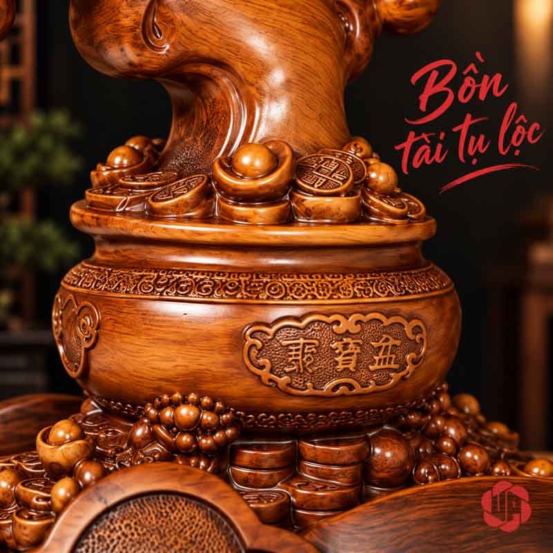 Tượng Phong Thủy Tỳ Hưu Chầu Kho Báu UP074V Tượng phong thủy tỳ hưu với chậu cây và họa tiết nổi màu nâu