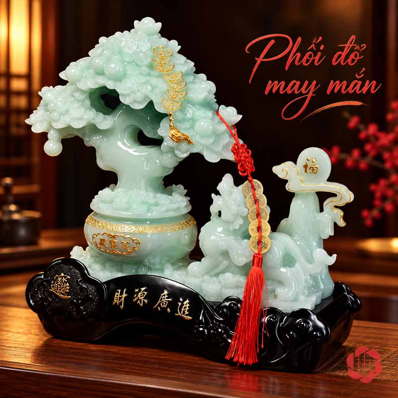 Tượng Phong Thủy Tỳ Hưu Chầu Kho Báu UP074V Tượng phong thủy tỳ hưu xanh ngọc phối dây tua đỏ