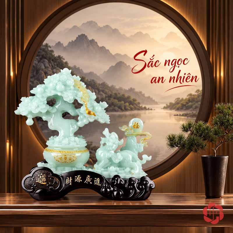 Tượng Phong Thủy Tỳ Hưu Chầu Kho Báu UP074V Tượng phong thủy tỳ hưu xanh ngọc trước tranh núi tròn