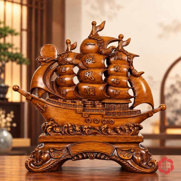 Tượng thuyền buồm nâu giả gỗ với chân đế tạo hình