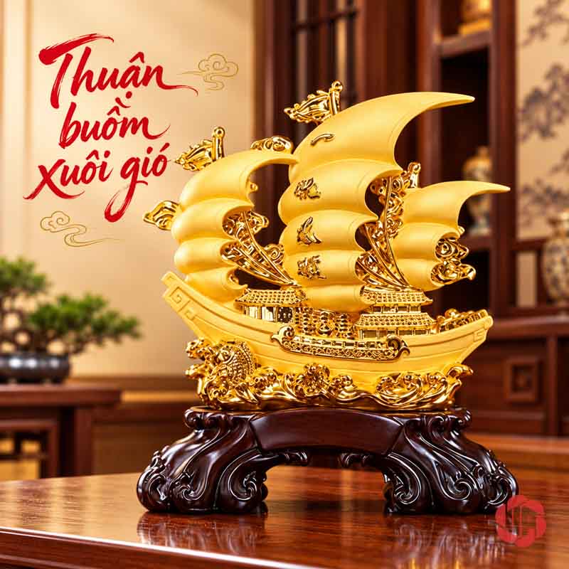 Tượng Phong Thủy Thuyền Buồm Thuận Buồm Xuôi Gió UP072A Thuyền buồm vàng trên đế sẫm màu