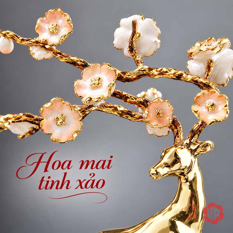 Tượng Trang Trí Decor Hươu Vàng Cành Hoa UPD044 Tượng trang trí decor hươu vàng cận cảnh cành hoa trắng hồng