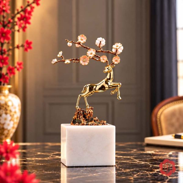 Tượng trang trí decor hươu vàng cành hoa trên bàn phòng khách